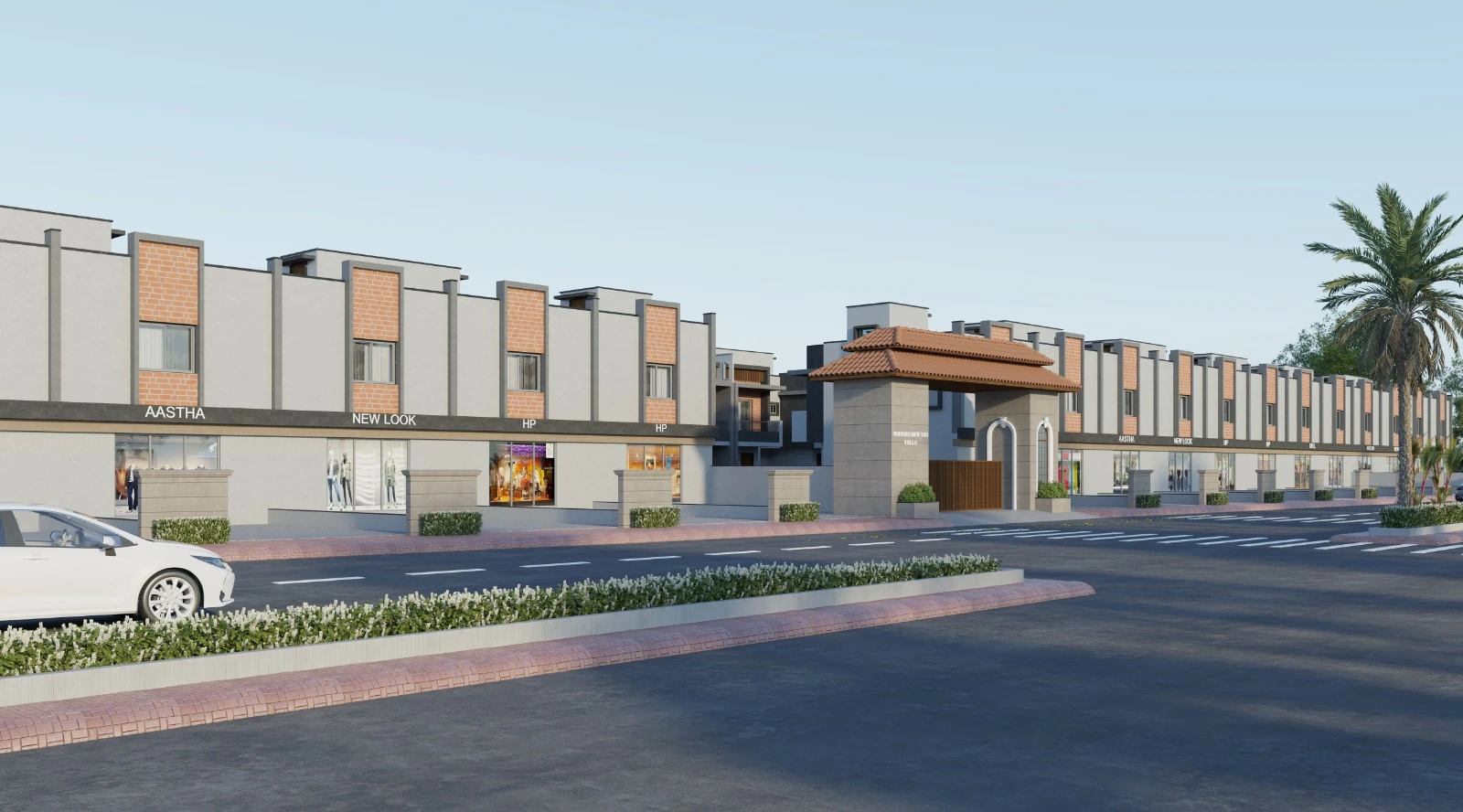 Gated community row house in Surat with secure entry gate and security cabin – Modeshwari House affordable homes.